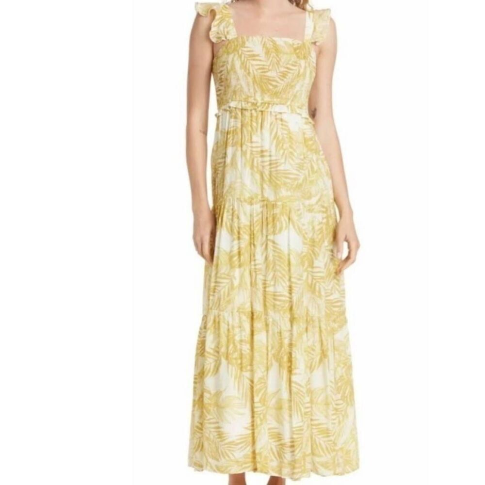 Nanette Lepore Dress Women's 14 Gold Maxi Palm Leaf Tiered Smocked Ruffle Strap